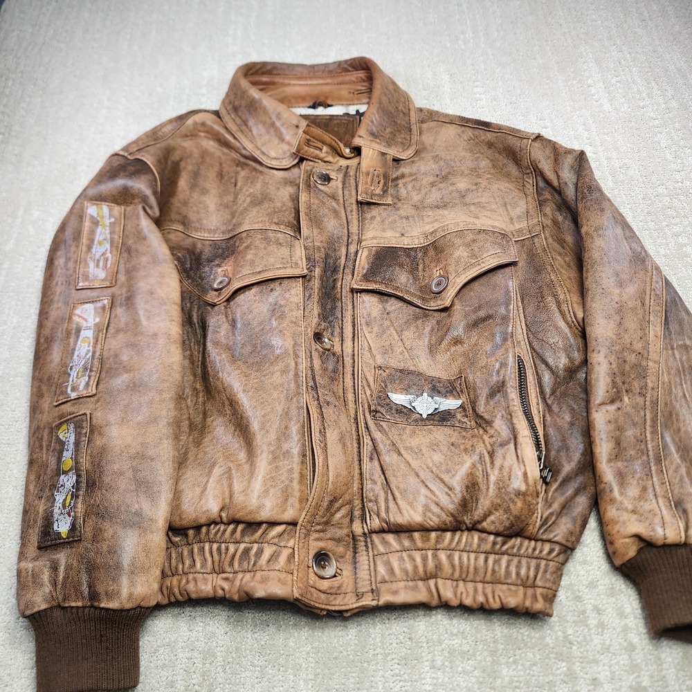 Vintage Leather Bomber Jacket Men 44 Chinstrap Aviator Distressed Patina‎ Brown